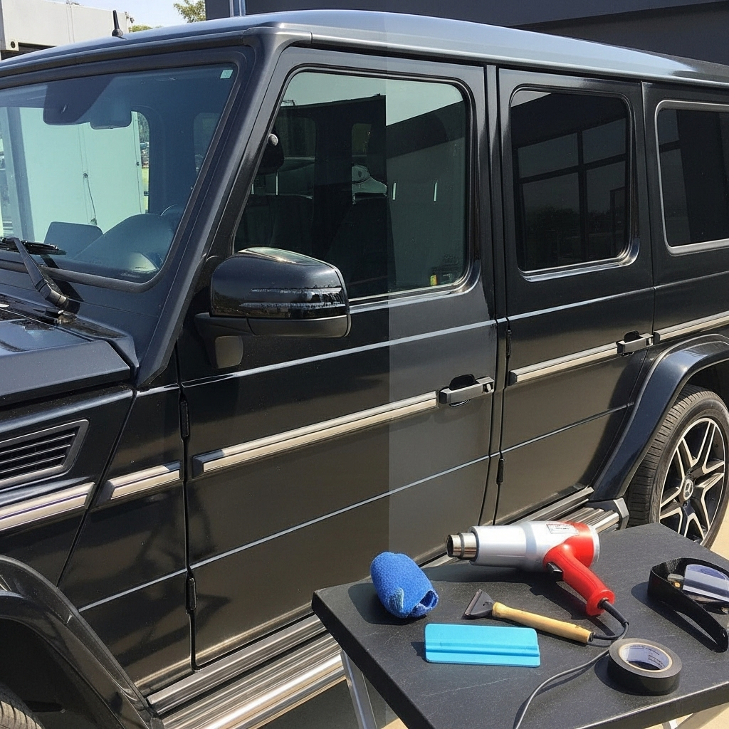 black SUV with ChroMorpher Matte Chrome Delete Tape applied to its window trim and mirror caps. One half of the vehicle still has shiny chrome, while the other is wrapped in smooth matte black vinyl.