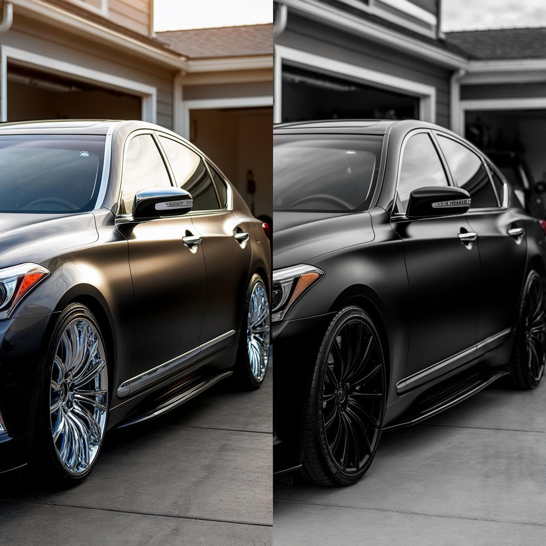 side-by-side comparison of a luxury sedan before and after chrome delete. One side features chrome trims and mirror caps, the other side is wrapped in glossy black ChroMorpher tape.