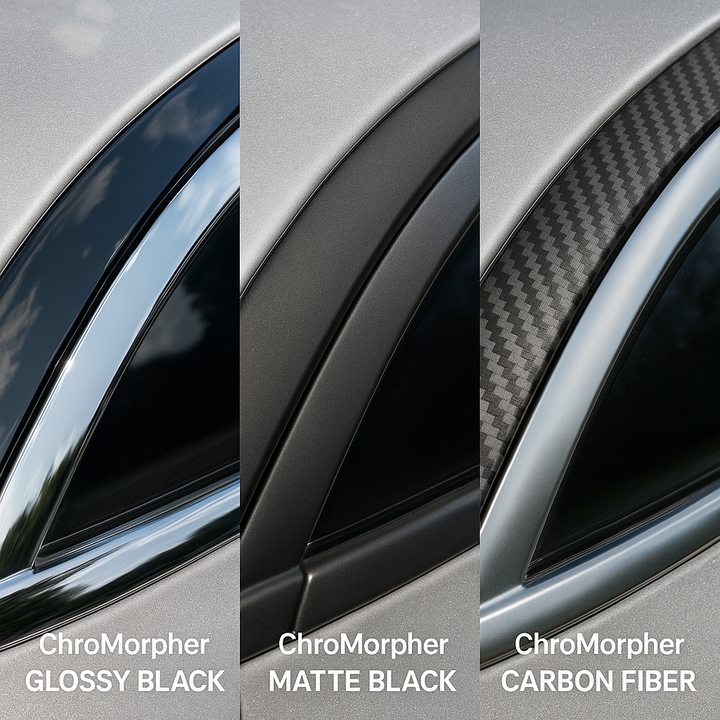 car’s chrome trims wrapped in three different ChroMorpher tapes: glossy black, matte black, and carbon fiber