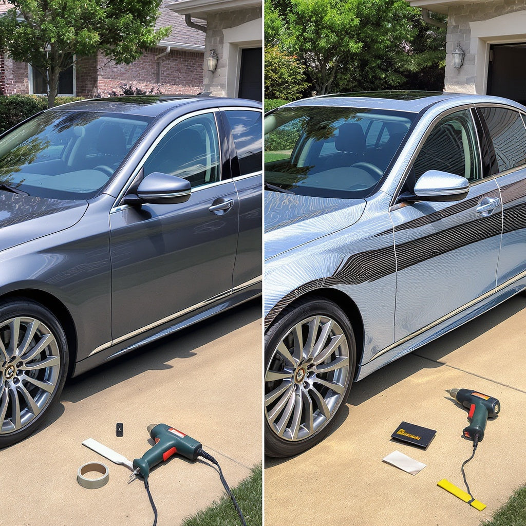 a luxury sedan parked in a clean driveway. Left side of the vehicle has original chrome window trims, mirrors, and grille. Right side has all those elements wrapped in ChroMorpher Glossy Chrome Delete Tape.