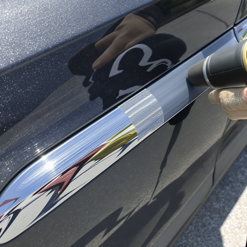 car’s chrome trim being partially wrapped with ChroMorpher Matte Chrome Delete Tape. 