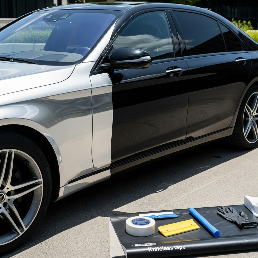 silver luxury sedan parked outdoors, half in chrome and half fully wrapped in glossy black using ChroMorpher’s Complete Chrome Delete Bundle.