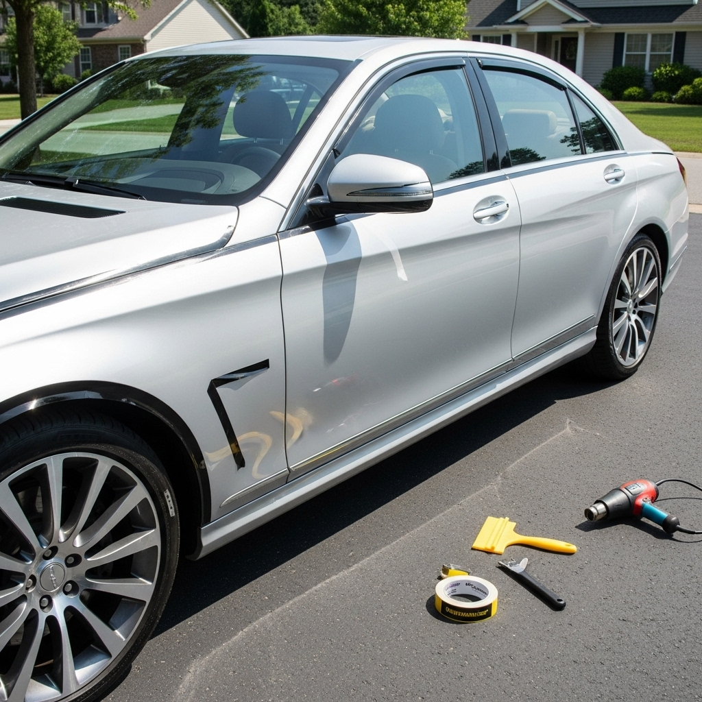 silver luxury sedan in a residential driveway. Chrome trim on window edges, side mirrors, and grille is being wrapped in ChroMorpher Glossy Black Chrome Delete Tape.