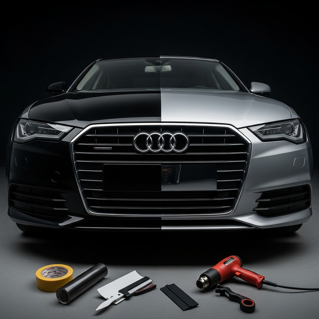 gray sedan Audi A6  viewed from a low front angle. Half the grille and trim are wrapped in deep Glossy Chrome Delete Tape, while the other half still has reflective chrome.