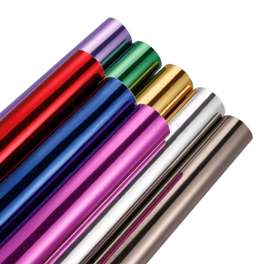 A collection of vibrant Chromorpher Chrome Mirror Vinyl rolls in various colors, including red, blue, green, gold, purple, silver, and bronze, showcasing their glossy, reflective finish perfect for vehicle and accessory customization.