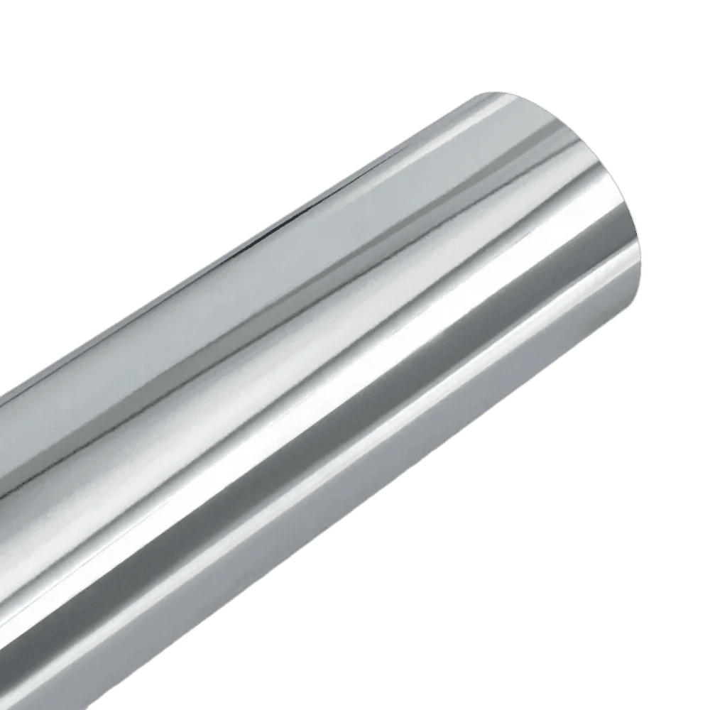 A sleek and reflective silver Chrome Mirror Vinyl roll, ideal for adding a polished, high-gloss finish to vehicles, furniture, and accessories. Perfect for customization projects with a professional-grade look.