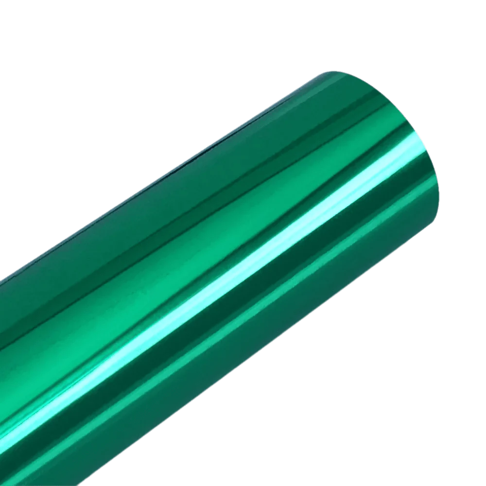 A vibrant green Chrome Mirror Vinyl roll featuring a glossy, reflective finish, perfect for customizing cars, furniture, and accessories with a bold and eye-catching look.