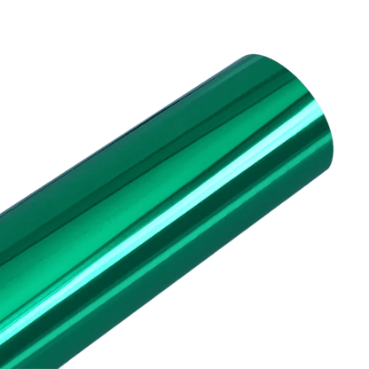 A vibrant green Chrome Mirror Vinyl roll featuring a glossy, reflective finish, perfect for customizing cars, furniture, and accessories with a bold and eye-catching look.