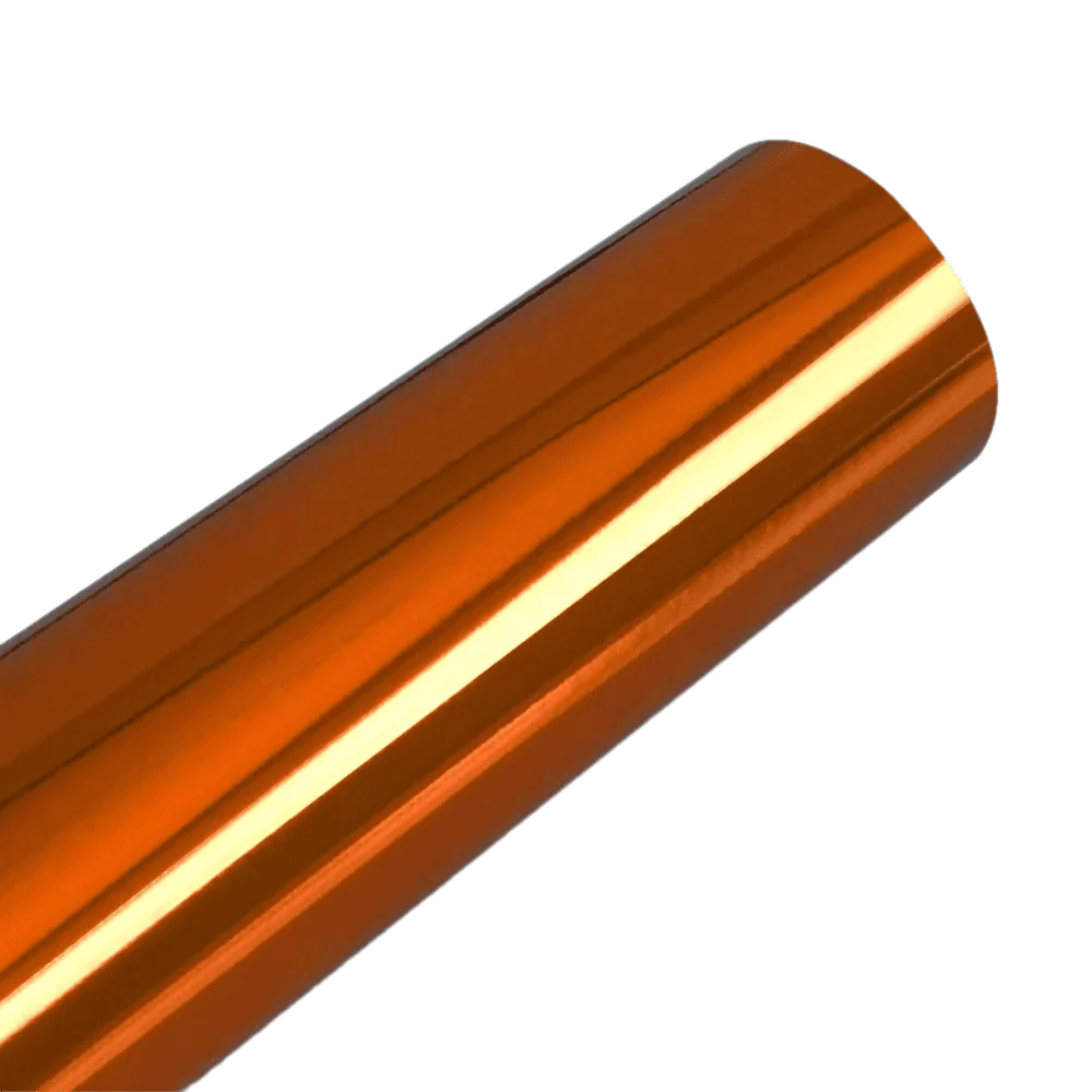 A vibrant orange Chrome Mirror Vinyl roll with a striking reflective finish, perfect for creating bold, custom designs on cars, bikes, and various surfaces.