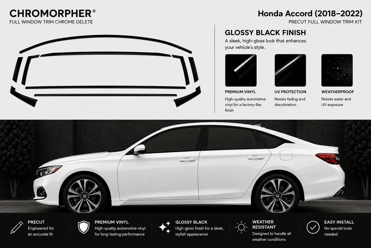 Chromorphor Honda Accord full window trim chrome delete kit in glossy black finish, shown with a white sedan on a dark background and feature callouts.