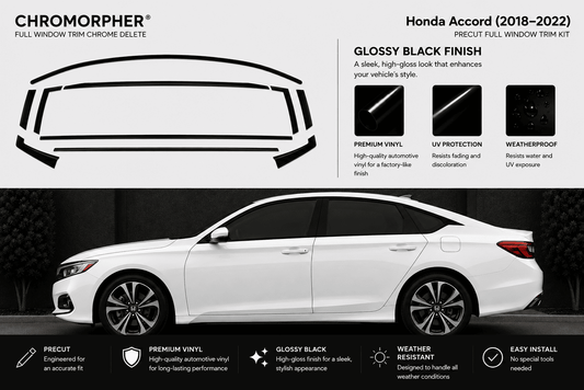 Chromorphor Honda Accord full window trim chrome delete kit in glossy black finish, shown with a white sedan on a dark background and feature callouts.