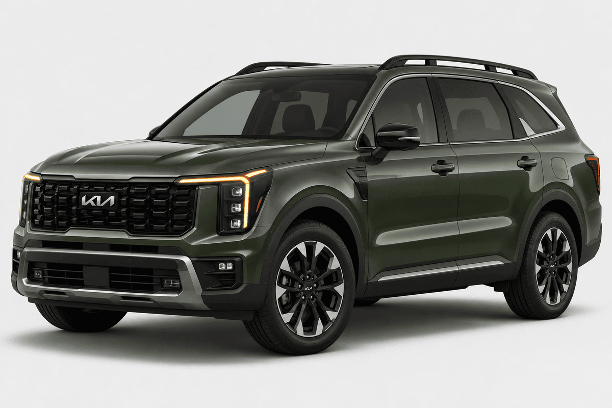 A dark olive green Kia SUV with black wheels, roof rails, and a black front grille, shown from a three-quarter front angle on a light gray studio background.