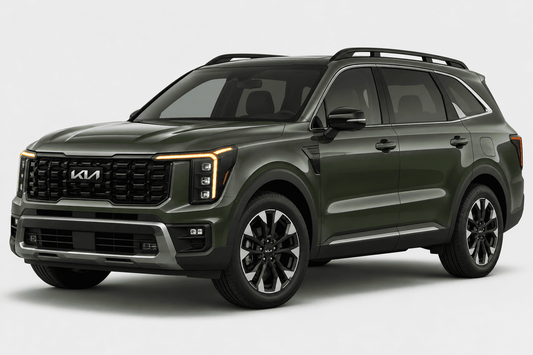 A dark olive green Kia SUV with black wheels, roof rails, and a black front grille, shown from a three-quarter front angle on a light gray studio background.