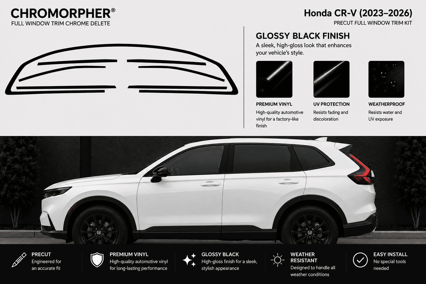 Chromorpher full window trim chrome delete kit for Honda CR-V (2023-2026) in glossy black finish. The image features a white Honda CR-V with the black window trim outlines displayed above, along with feature callouts and installation benefits.