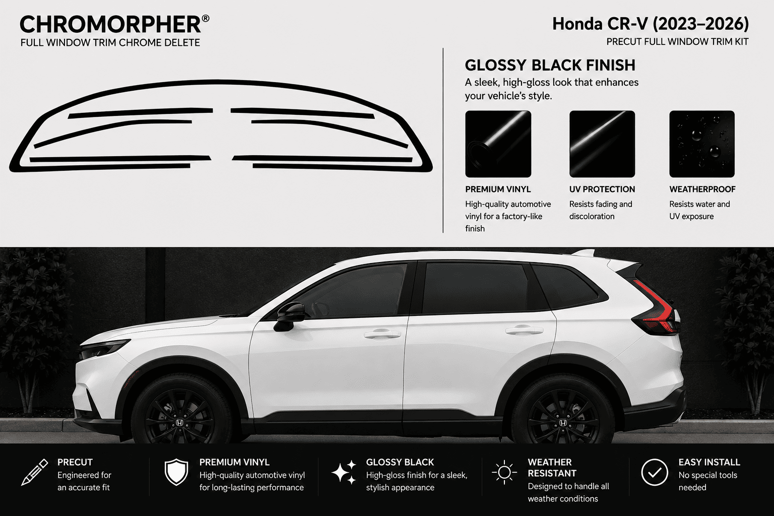 Chromorpher full window trim chrome delete kit for Honda CR-V (2023-2026) in glossy black finish. The image features a white Honda CR-V with the black window trim outlines displayed above, along with feature callouts and installation benefits.