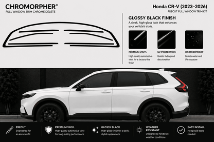 Chromorpher full window trim chrome delete kit for Honda CR-V (2023-2026) in glossy black finish. The image features a white Honda CR-V with the black window trim outlines displayed above, along with feature callouts and installation benefits.