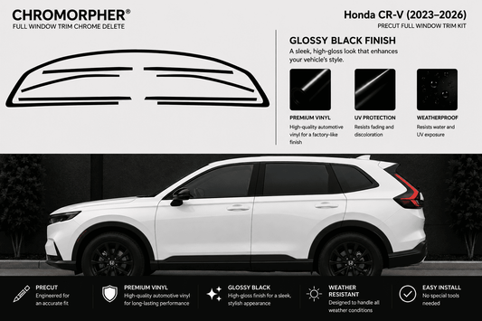 Chromorpher full window trim chrome delete kit for Honda CR-V (2023-2026) in glossy black finish. The image features a white Honda CR-V with the black window trim outlines displayed above, along with feature callouts and installation benefits.