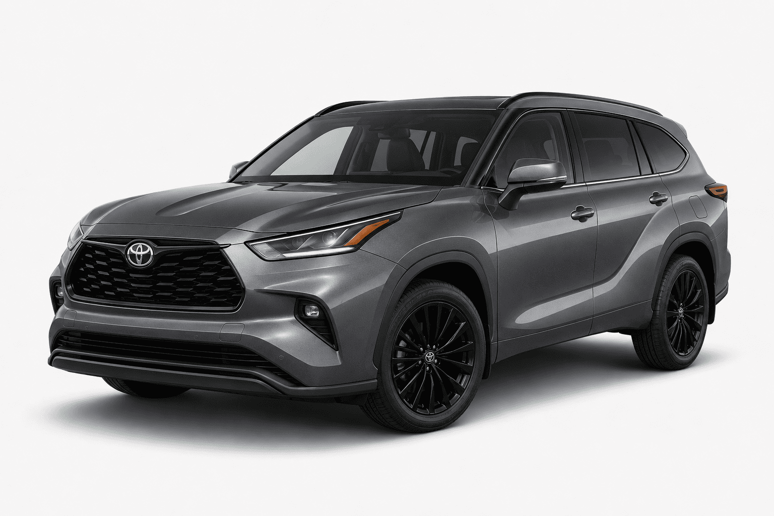 A dark gray Toyota Highlander SUV with black wheels, shown from a three-quarter front angle on a light gray studio background.