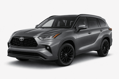 A dark gray Toyota Highlander SUV with black wheels, shown from a three-quarter front angle on a light gray studio background.