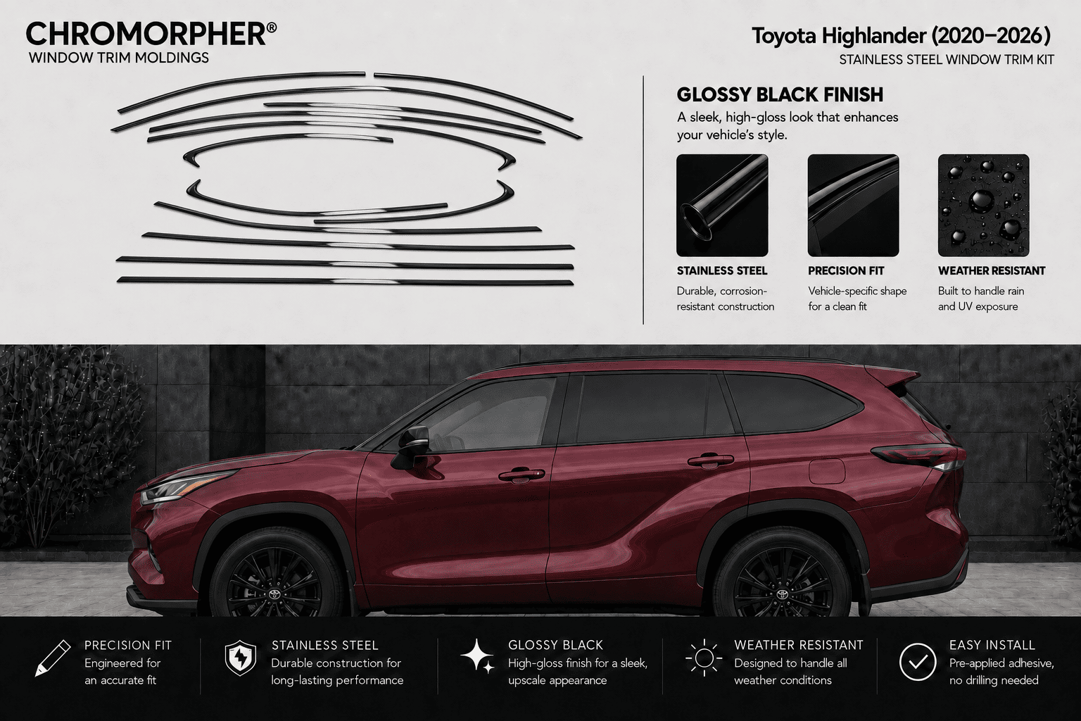 Promotional graphic for Chromorphor Toyota Highlander window trim moldings, showing black curved line drawings of the trim shapes, feature callouts for glossy black finish, stainless steel, precision fit, and weather resistance, plus a side view of a maroon Toyota Highlander SUV on a dark background.