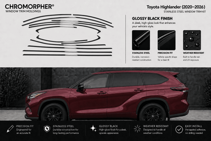 Promotional graphic for Chromorphor Toyota Highlander window trim moldings, showing black curved line drawings of the trim shapes, feature callouts for glossy black finish, stainless steel, precision fit, and weather resistance, plus a side view of a maroon Toyota Highlander SUV on a dark background.