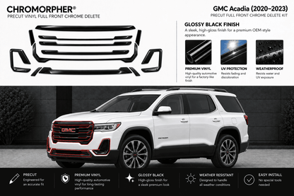 Chromorphor GMC Acadia full front chrome delete kit kit shown on a white GMC Acadia SUV, with product cutout graphics and feature callouts on a dark gray background.