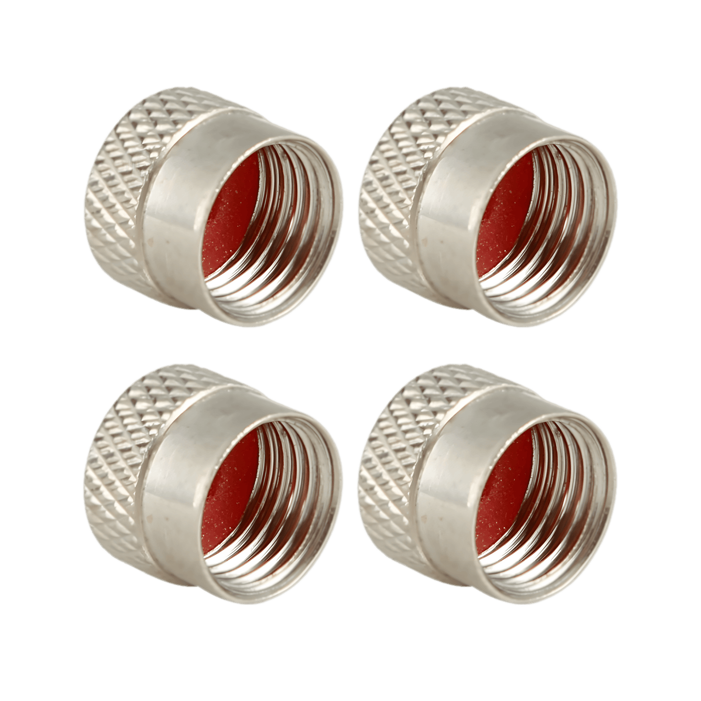 A close-up image of four silver-colored metal tire valve caps with a knurled grip texture and a red rubber seal inside. Two caps are shown with their open threaded ends facing the viewer, while the other two display their smooth, rounded tops. Designed for dust, dirt, and moisture protection, these caps offer a secure fit for standard tire valves. The transparent background highlights their sleek and durable construction.