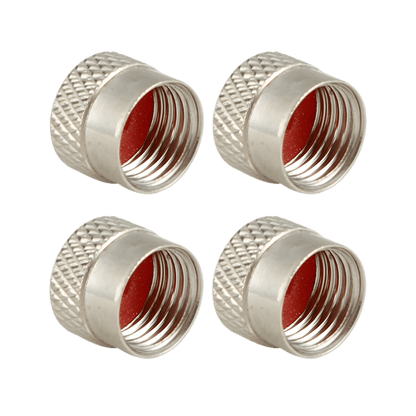 A close-up image of four silver-colored metal tire valve caps with a knurled grip texture and a red rubber seal inside. Two caps are shown with their open threaded ends facing the viewer, while the other two display their smooth, rounded tops. Designed for dust, dirt, and moisture protection, these caps offer a secure fit for standard tire valves. The transparent background highlights their sleek and durable construction.