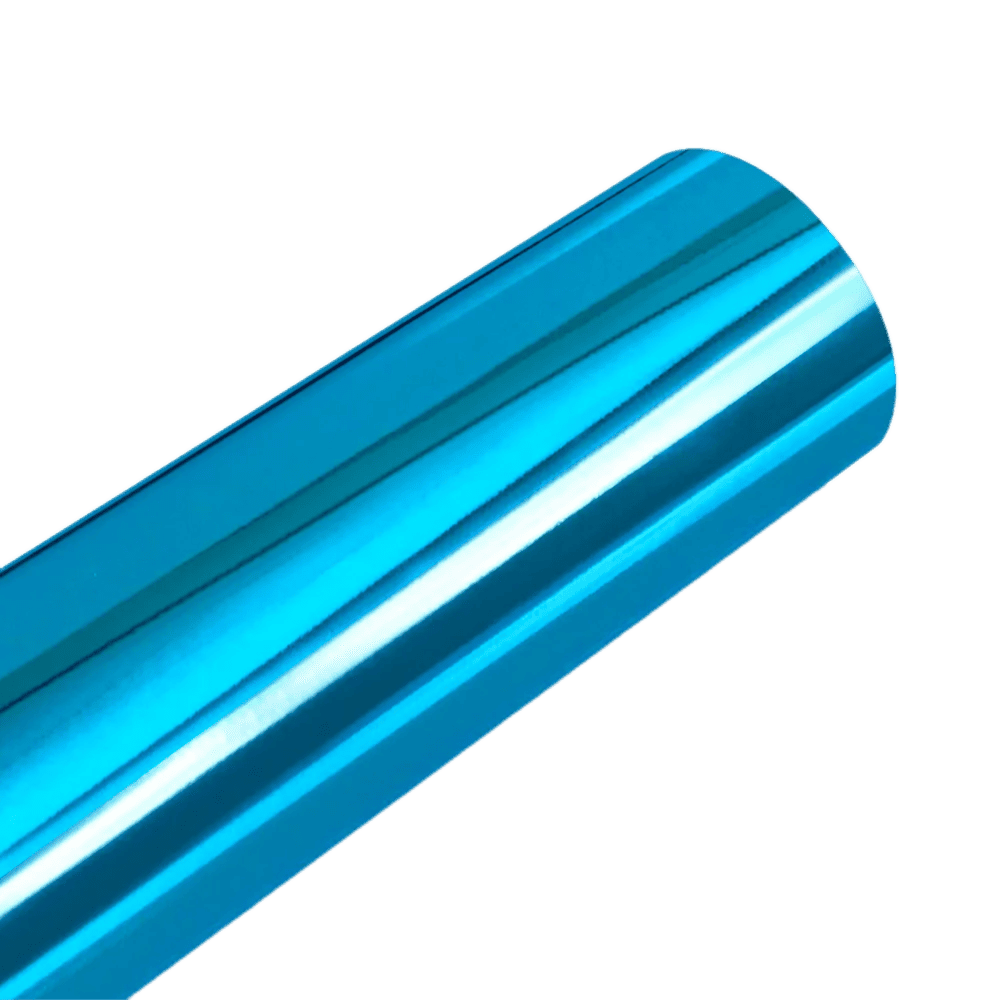 A vibrant aqua blue Chrome Mirror Vinyl roll with a sleek, reflective finish, perfect for adding a bold and eye-catching metallic touch to vehicles, bikes, or creative projects.