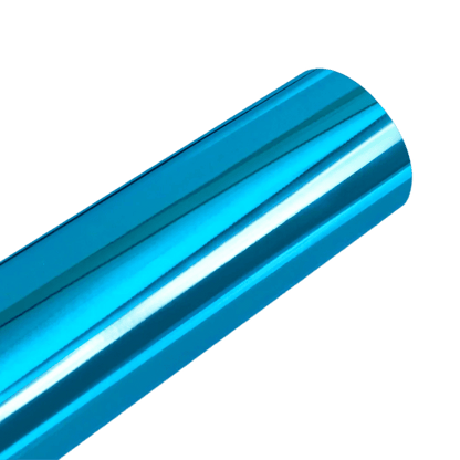 A vibrant aqua blue Chrome Mirror Vinyl roll with a sleek, reflective finish, perfect for adding a bold and eye-catching metallic touch to vehicles, bikes, or creative projects.