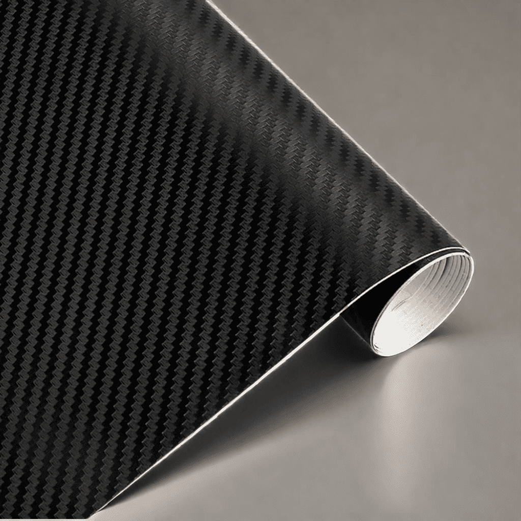 A roll of ChroMorpher carbon fiber vinyl in black, showcasing a realistic 3D carbon fiber texture, ideal for stylish and durable vehicle or surface customization.