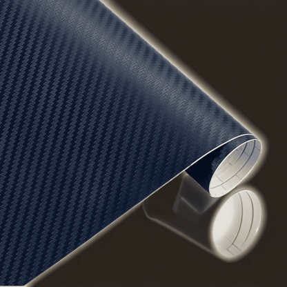 A roll of ChroMorpher carbon fiber vinyl in blue, featuring a premium 3D carbon fiber texture, perfect for adding a sleek and sophisticated finish to vehicles or other surfaces.