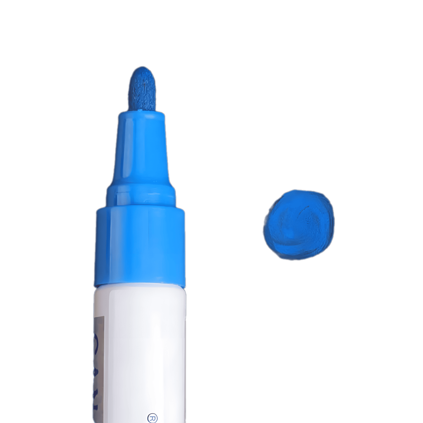 Close-up of a blue tire lettering paint pen with a fine tip for precise application. A blue paint swatch is displayed beside it, showcasing its bold, vibrant color. This waterproof and fade-resistant paint pen is designed for customizing tire lettering on cars, motorcycles, and bicycles, ensuring a durable and professional finish.