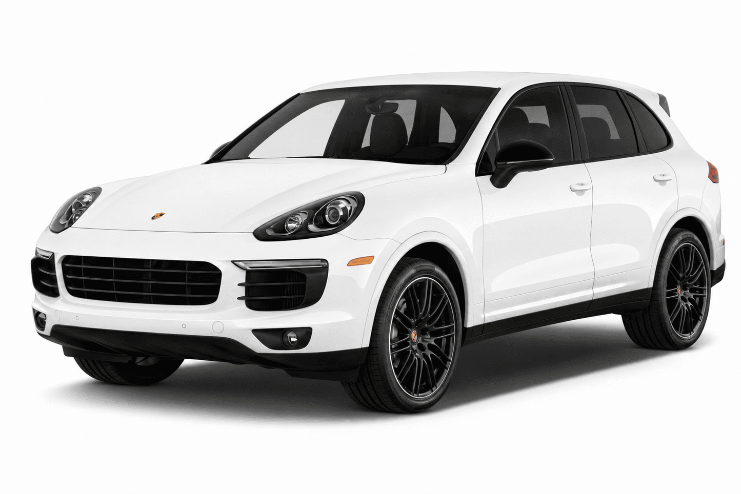 A white Porsche Cayenne SUV with black wheels and trim, photographed from a three-quarter front angle on a clean white background.