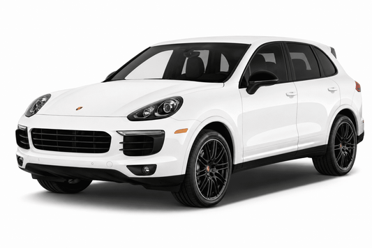 A white Porsche Cayenne SUV with black wheels and trim, photographed from a three-quarter front angle on a clean white background.