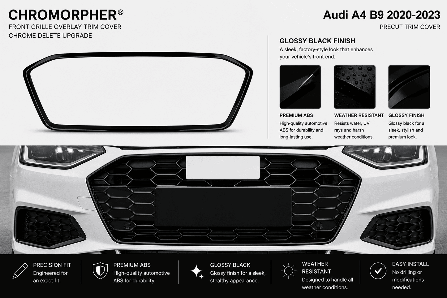 ChroMorpher Audi A4 B9 Front Grille Overlay Trim Cover (2020–2023) - ChroMorpher