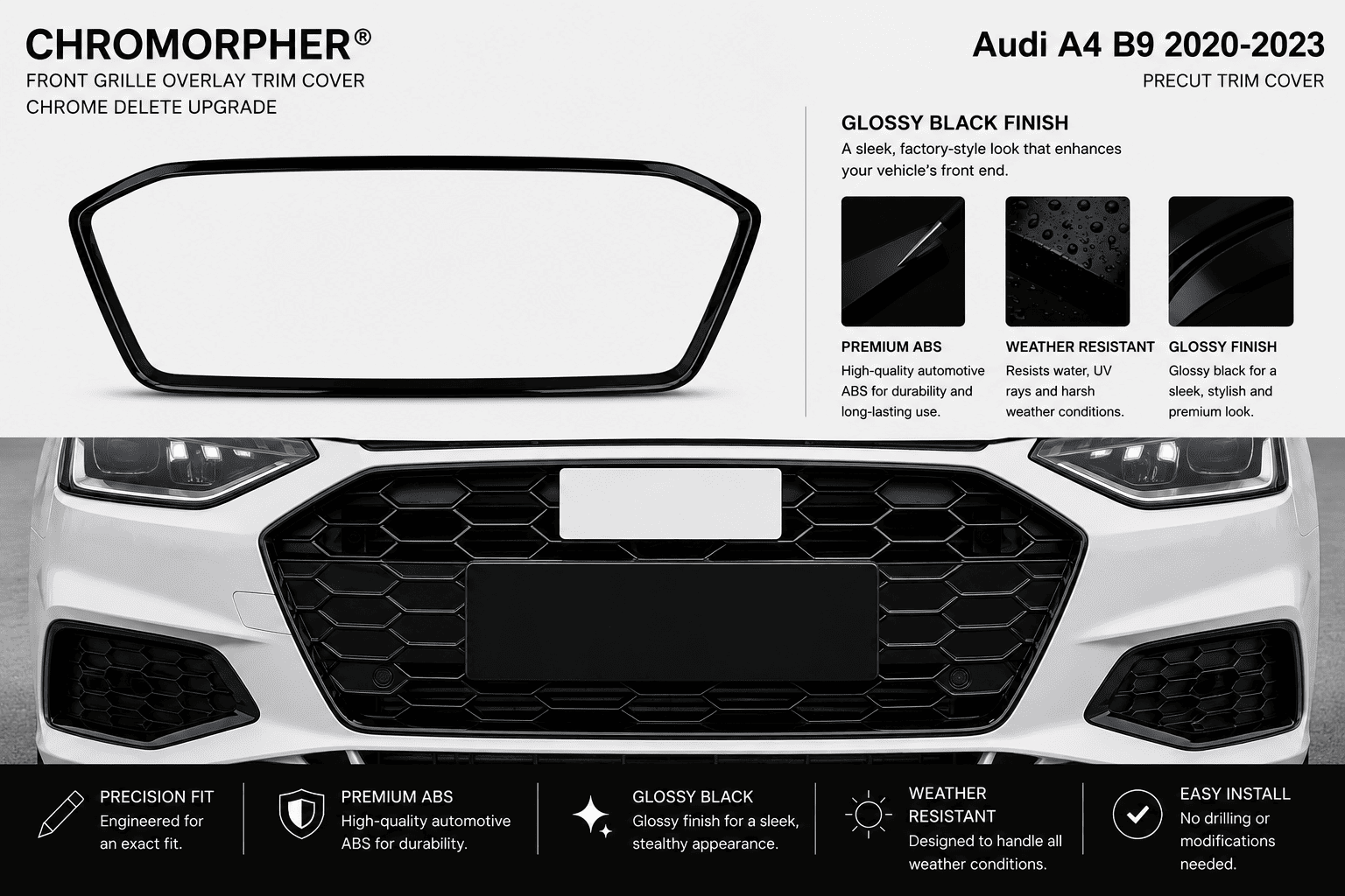 ChroMorpher Audi A4 B9 Front Grille Overlay Trim Cover (2020–2023) - ChroMorpher