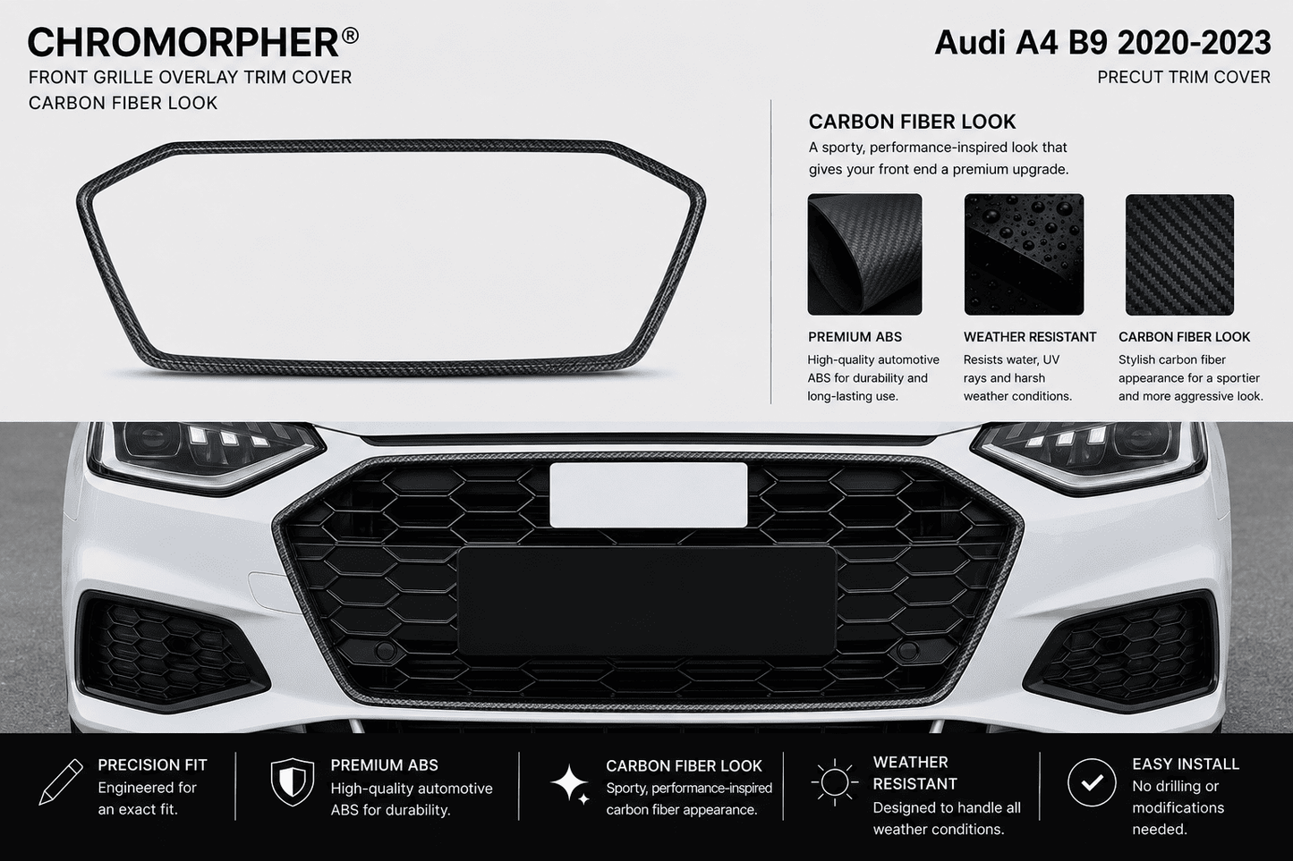 ChroMorpher Audi A4 B9 Front Grille Overlay Trim Cover (2020–2023) - ChroMorpher