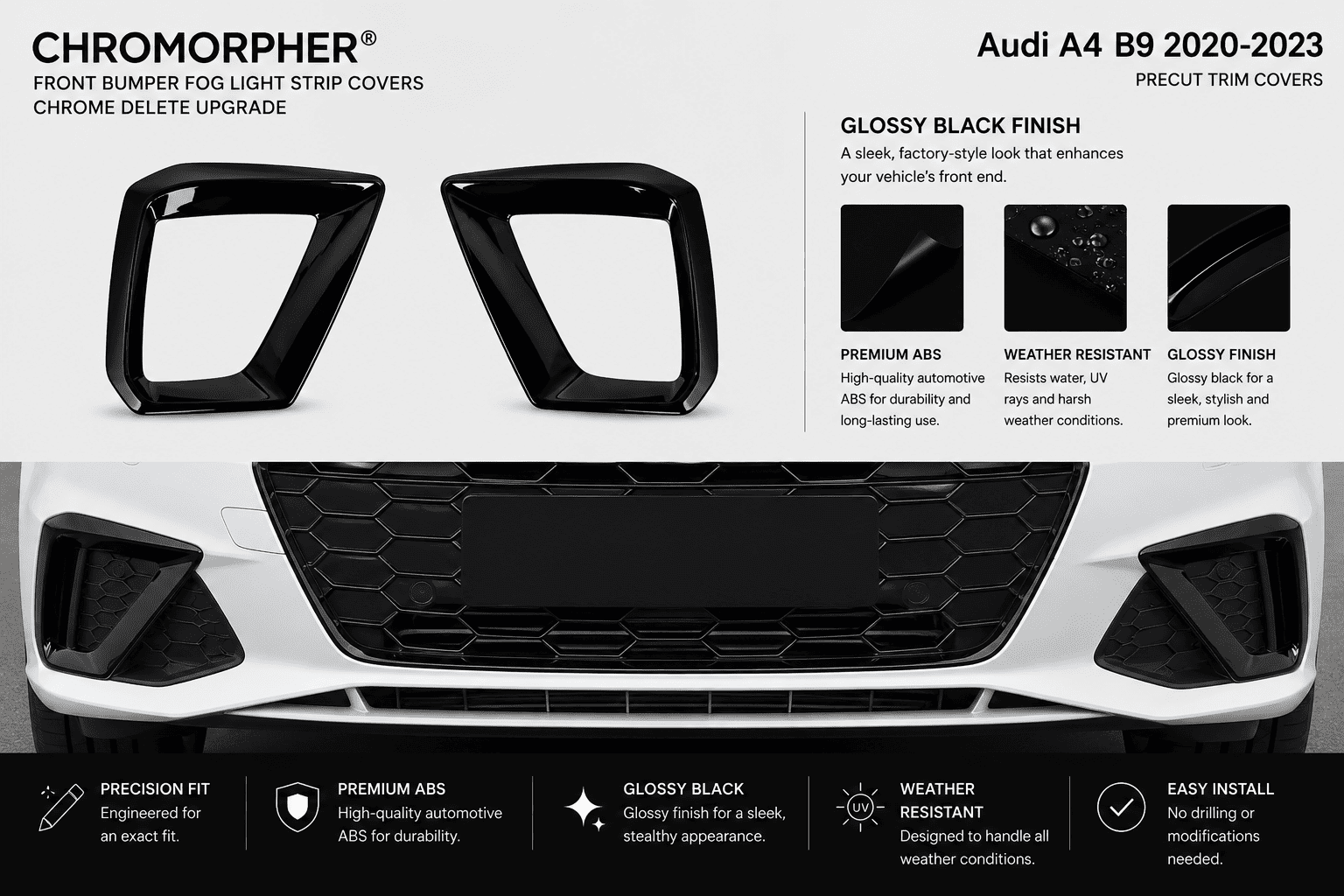 ChroMorpher Audi A4 B9 Front Grille Overlay Trim Cover (2020–2023) - ChroMorpher
