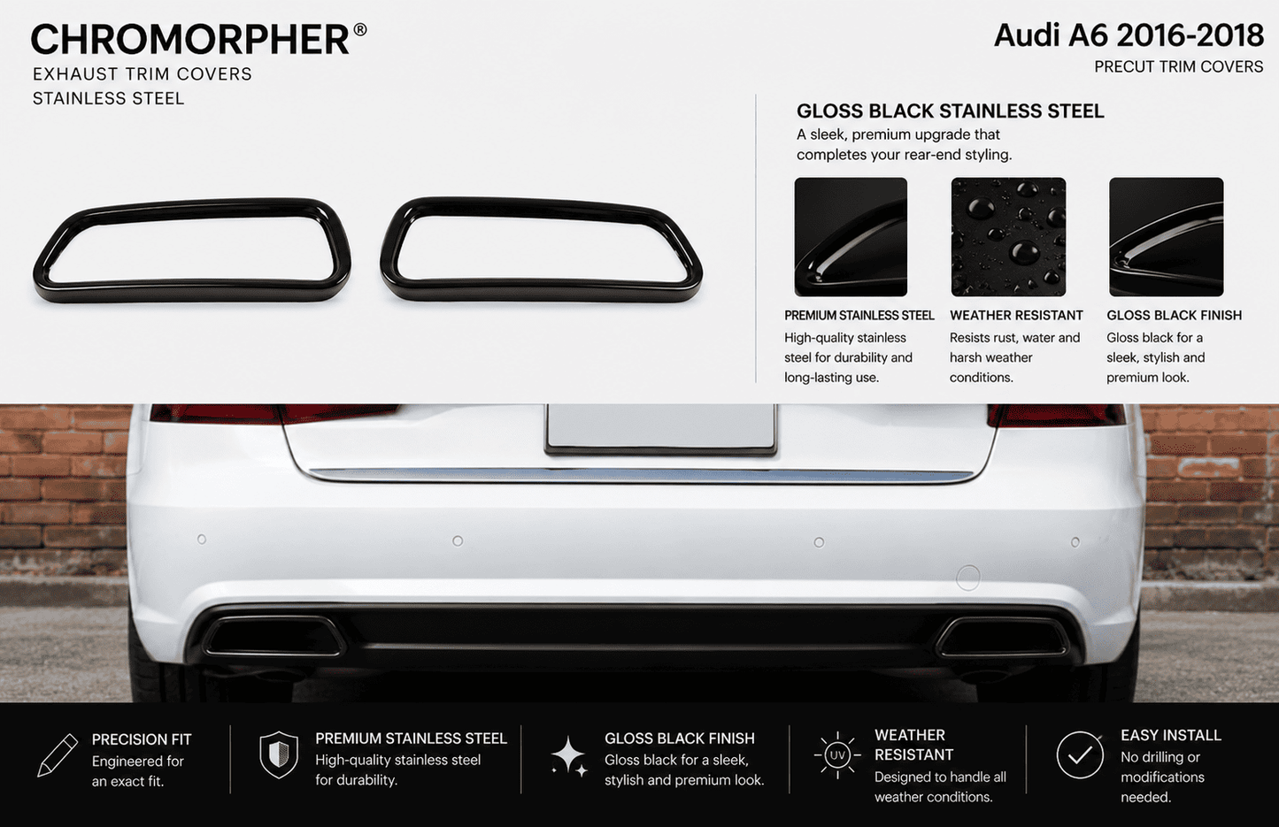 ChroMorpher Audi A6 Stainless Steel Exhaust Trim Covers (2016–2018) - ChroMorpher