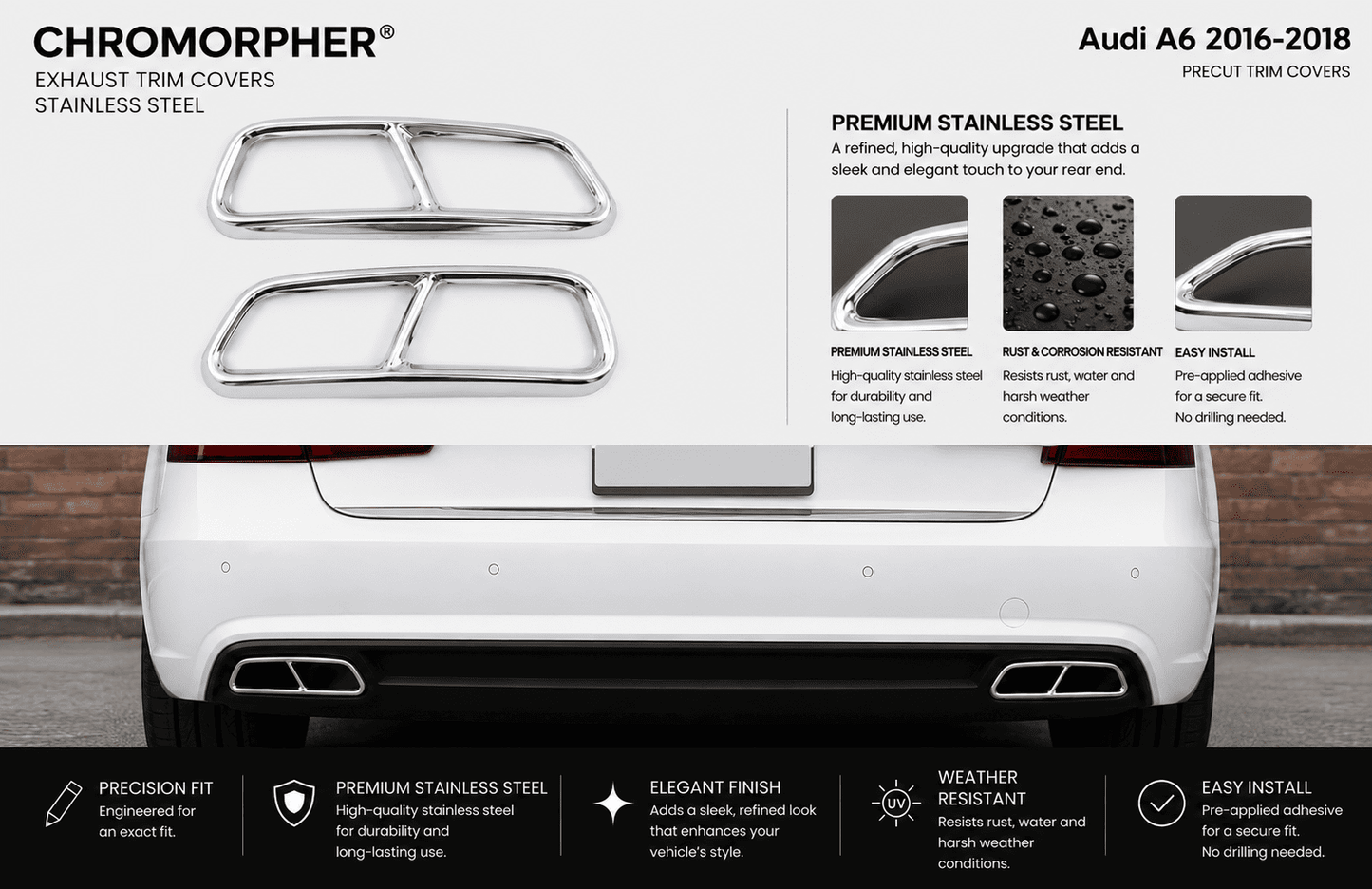 ChroMorpher Audi A6 Stainless Steel Exhaust Trim Covers (2016–2018) - ChroMorpher