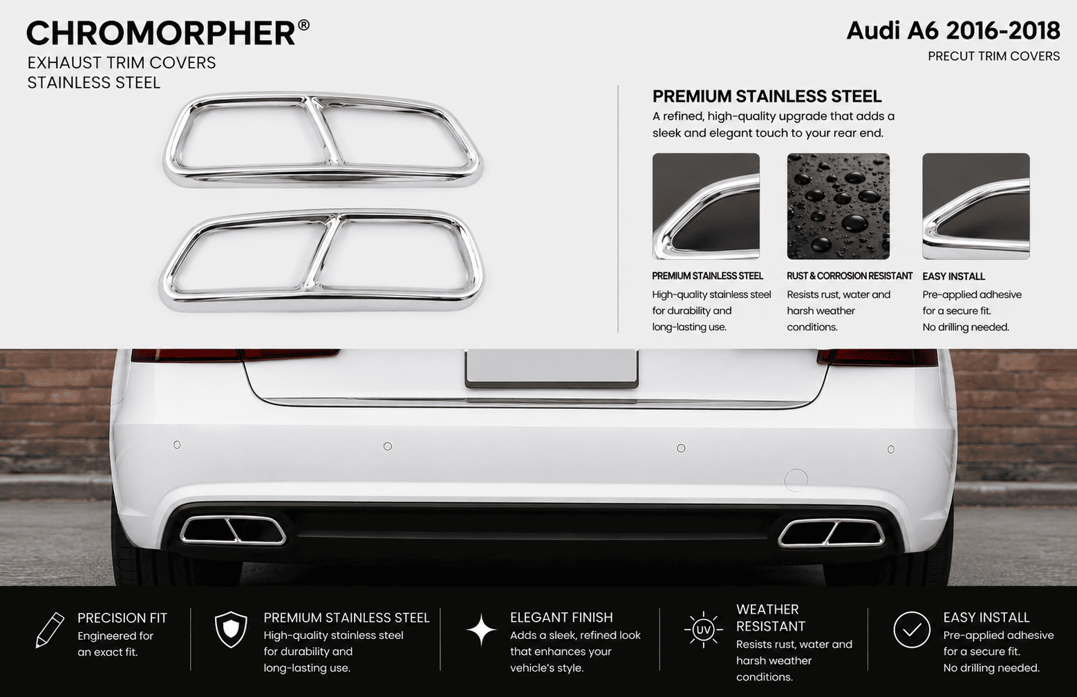 ChroMorpher Audi A6 Stainless Steel Exhaust Trim Covers (2016–2018) - ChroMorpher
