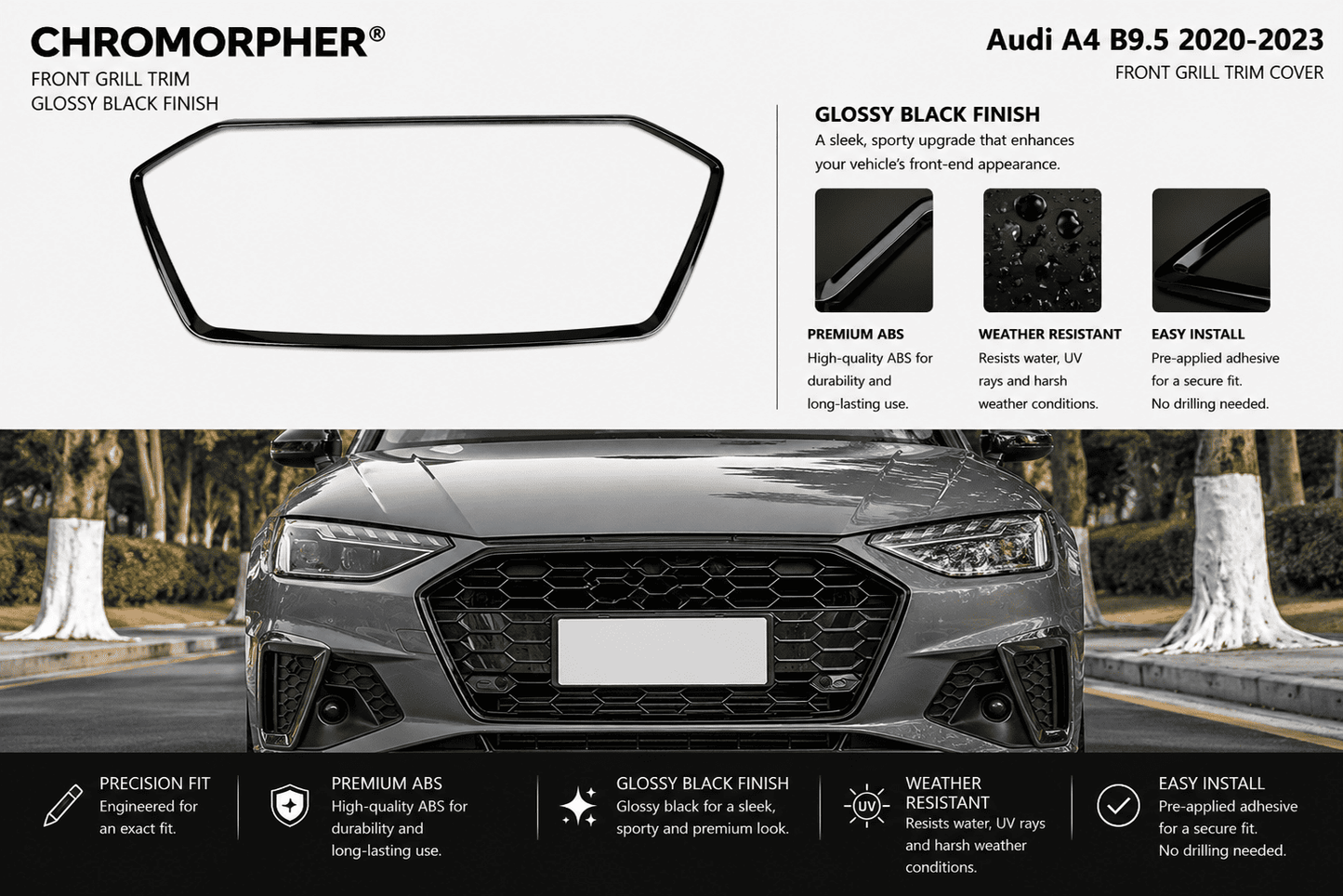 Audi A4 Black Optics B9.5 Front Grille Trim Cover (2020–2023)
