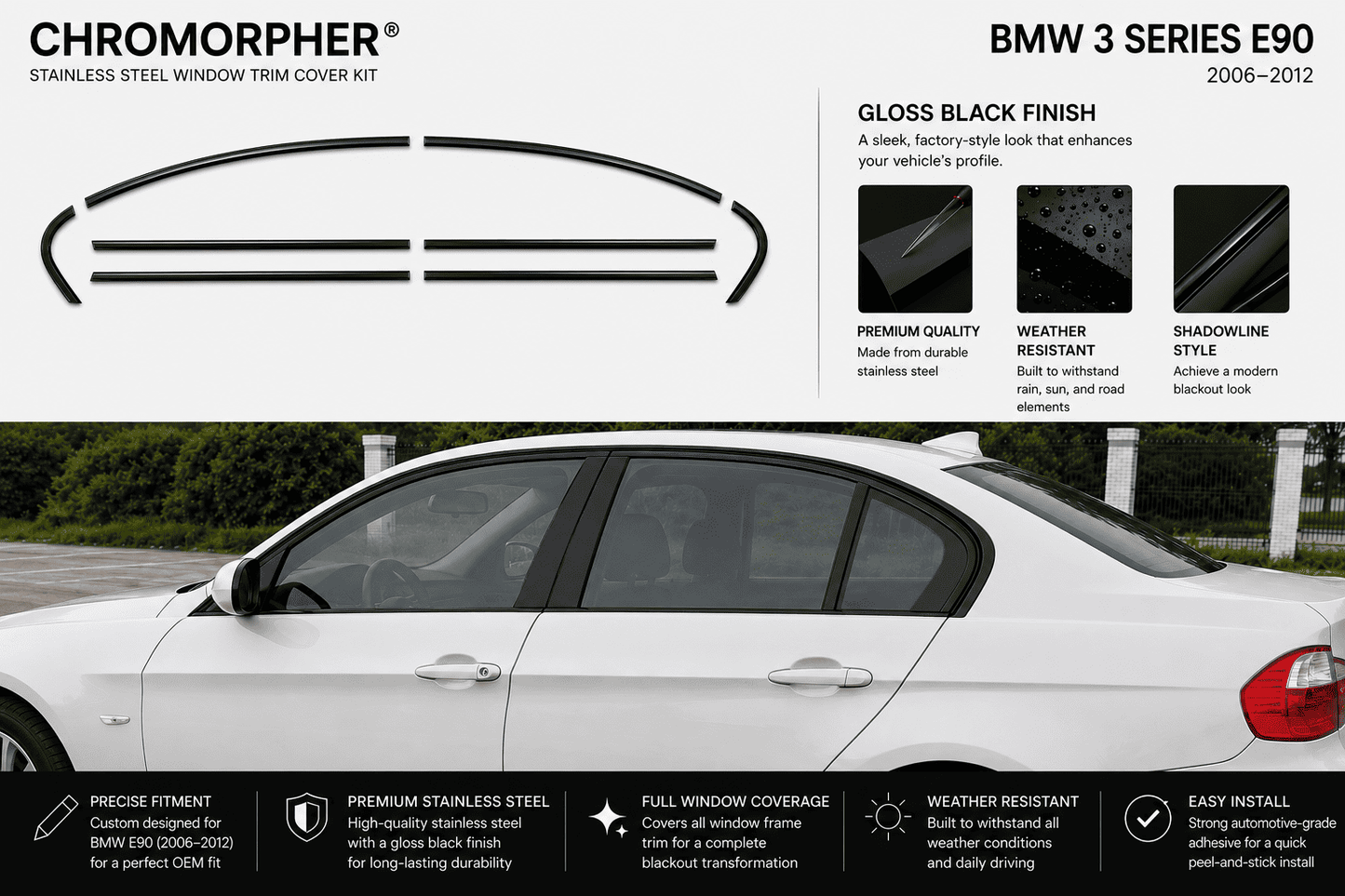 BMW E90 Shadowline Window Trim Cover Kit - Stainless Steel