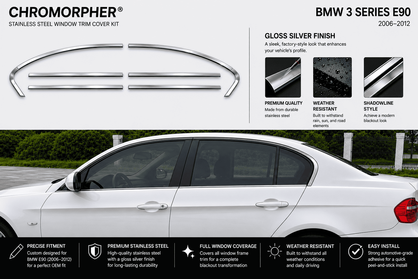 BMW E90 Shadowline Window Trim Cover Kit - Stainless Steel