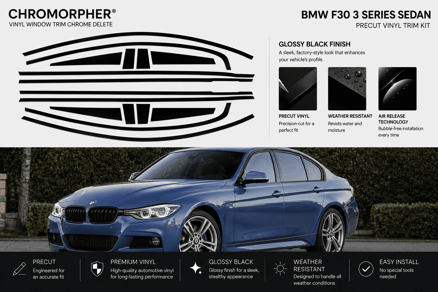 BMW F30 Shadowline Precut Window Trim Kit (2013–2019 Sedan)