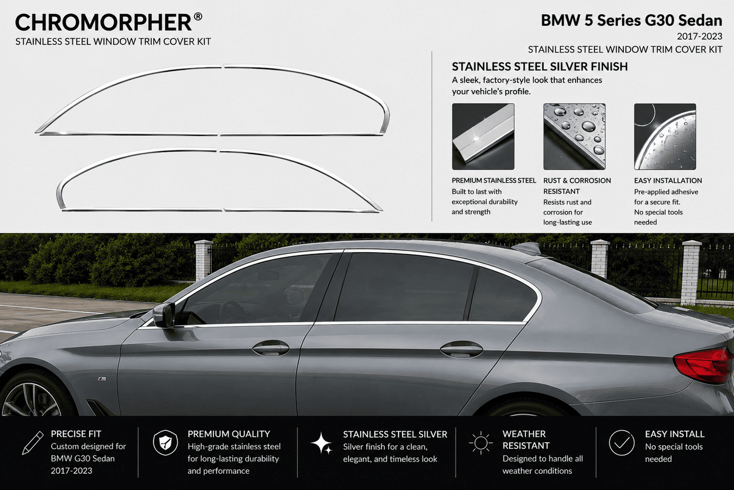 ChroMorpher BMW 5 Series G30 Window Trim Cover Kit (2017-2023)