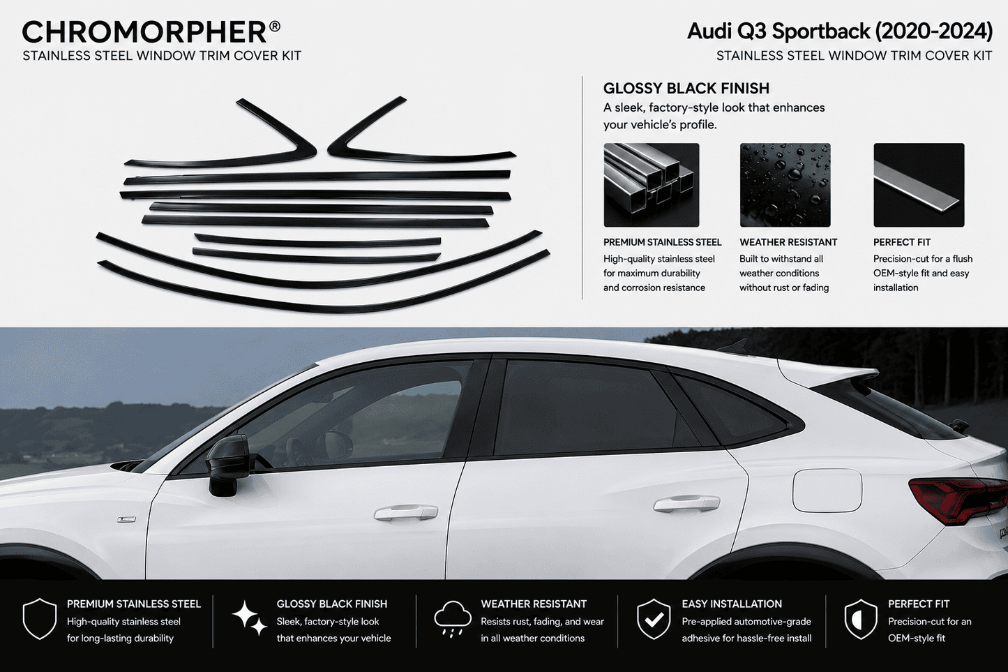 ChroMorpher Audi Q3 (2018-2025) Stainless Steel Window Trim Cover Kit
