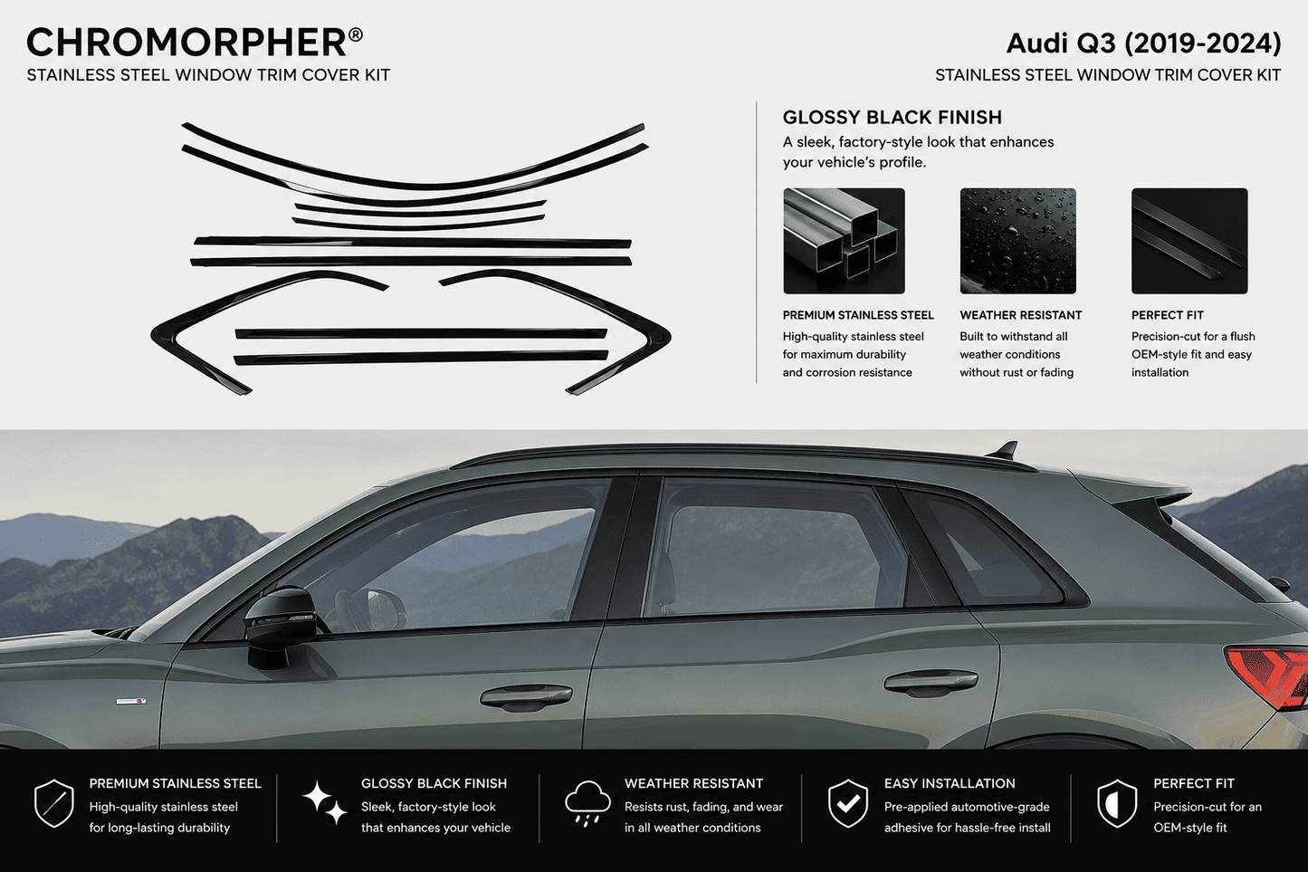ChroMorpher Audi Q3 (2018-2025) Stainless Steel Window Trim Cover Kit