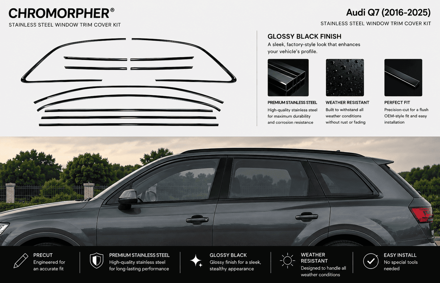 ChroMorpher Audi Q7 Window Trim Cover Kit (2006–2025) – Stainless Steel